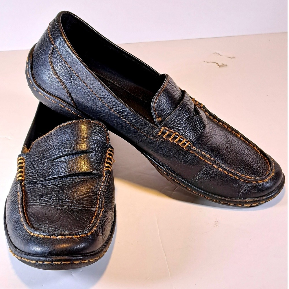 Born Mens Black Leather Penny Loafers H36903 Moc Toe Contrast Stitch Size 8M